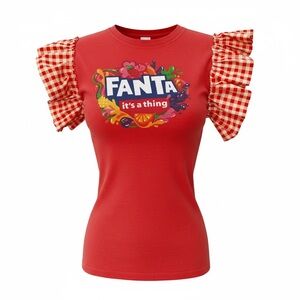 Fanta Soda Tee with Orange Plaid Gingham Ruffle Sleeve